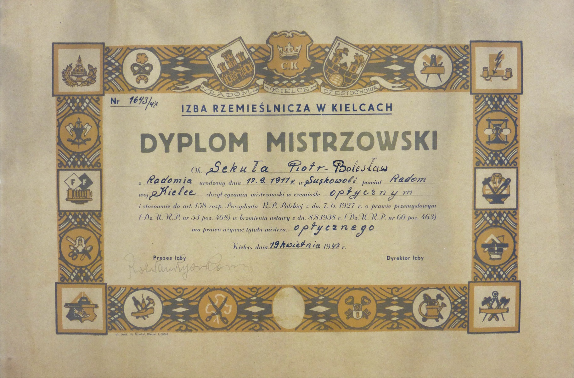 Dyplom Mistrzowski p. Piotra Sekuły, założyciela firmy